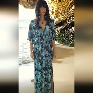 Love Stitch Kaftan Maxi Dress Beach Wear Aqua blue Black M/L